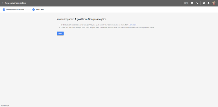 Google AdWords Goal Import Confirmation