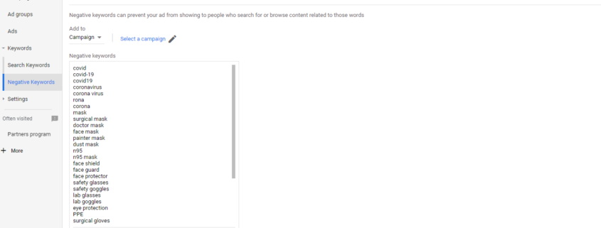 negative keyword list of covid-19 terms